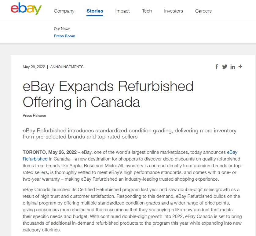 eBay加拿大推出eBay Refurbished平台